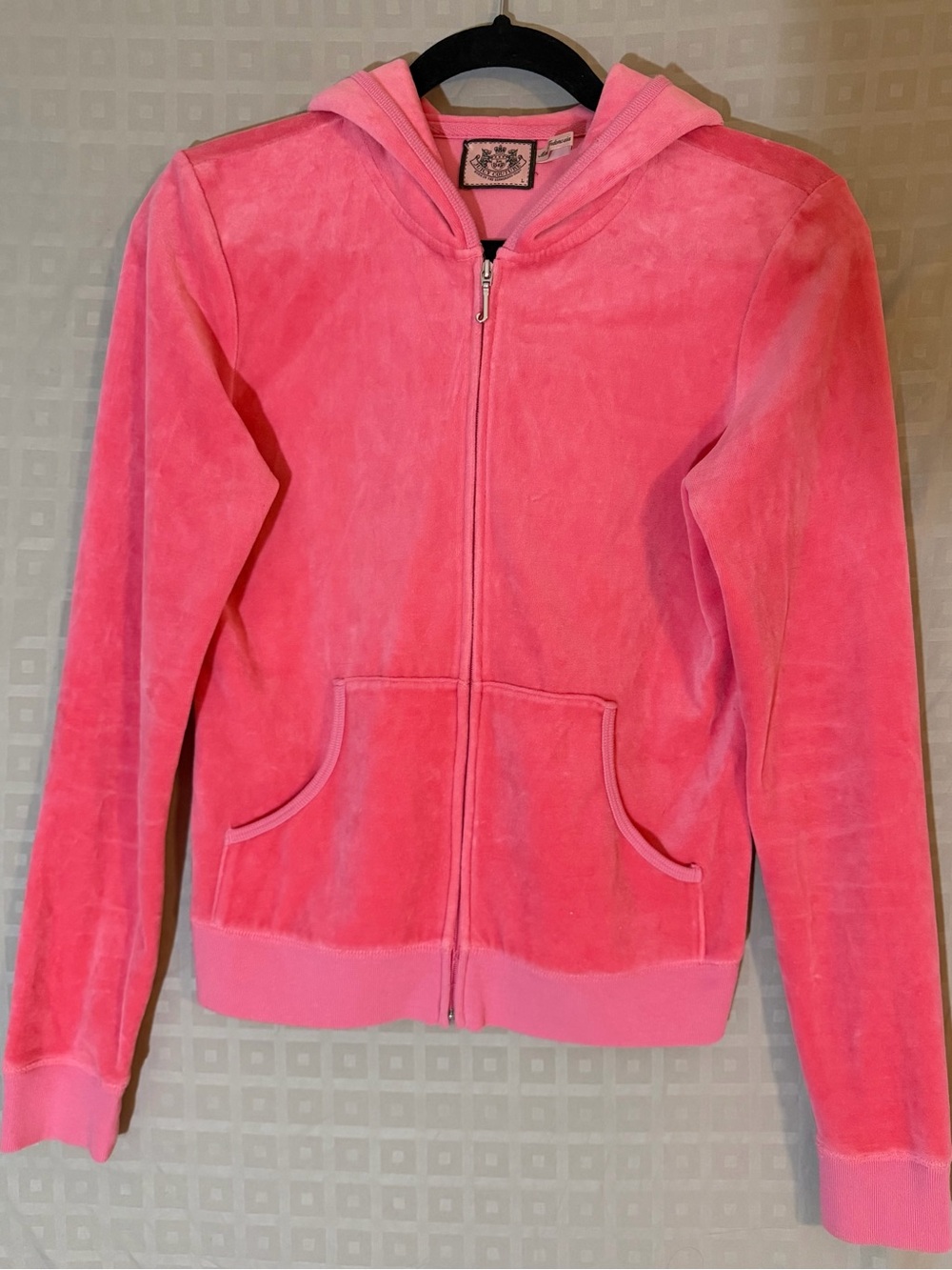 Y2K Juicy Couture Womens L Velour Velour Hooded Bling Hot Pink Full Zip VTG HOT